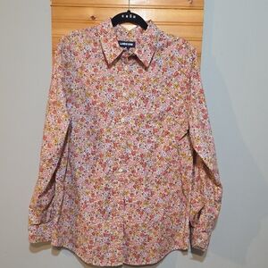 Lands' End Ditsy Floral Button Down Shirt Women's M Pink Red Yellow EUC